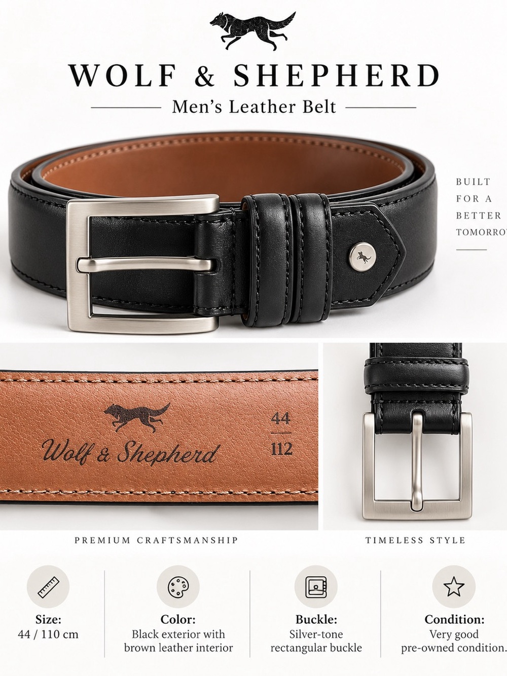Wolf & Shepherd Men’s Leather Belt Size 44 Black Brown Interior Silver Buckle